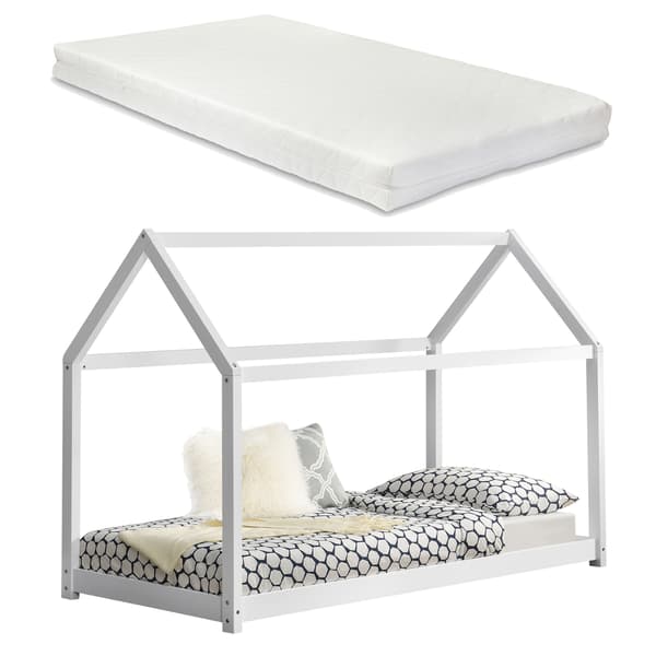 [en.casa]® Barnsäng "Hus" inkl. madrass-90x200cm-furu-vit matt