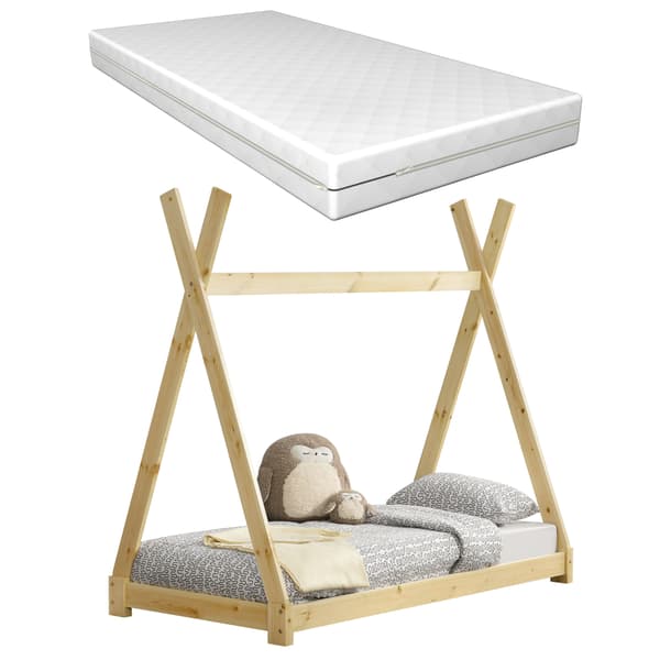 [en.casa]® Barnsäng tipitält inkl. madrass-80x160cm-furu