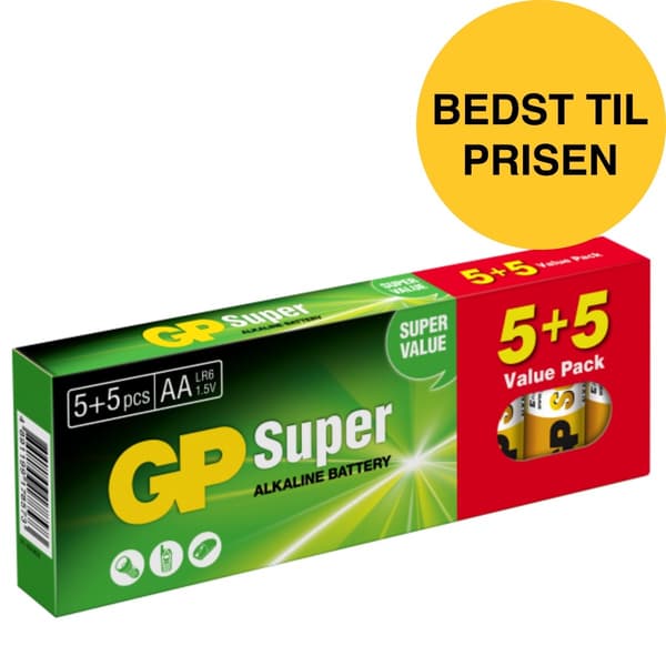 GP Super Alkaline AA batteri, 15A/LR6 engangsbatterier, 10-pak promo-pak (5+5)