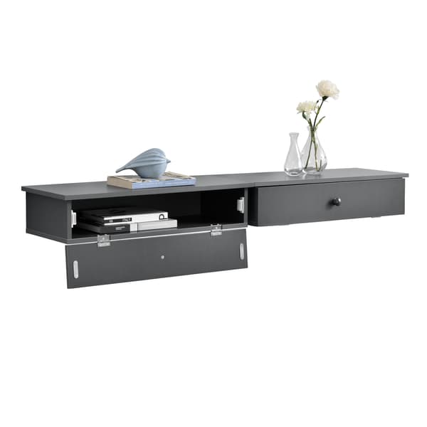 [en.casa]® Væghylde med opbevaringsskuffe - sæt 2 stk. - 60 x 24 x 12,6 cm - mørkegrå
