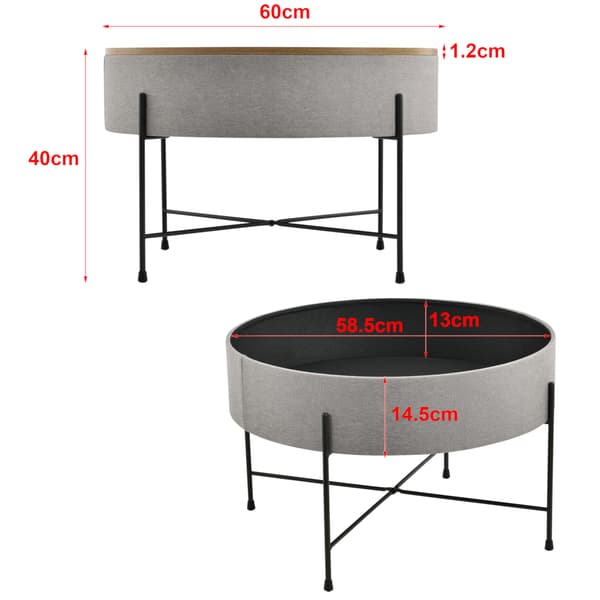 [en.casa] Sofabord med opbevaringsplads - tekstil/spånplade/metal - 40xØ60cm - træ optik/grå/sort