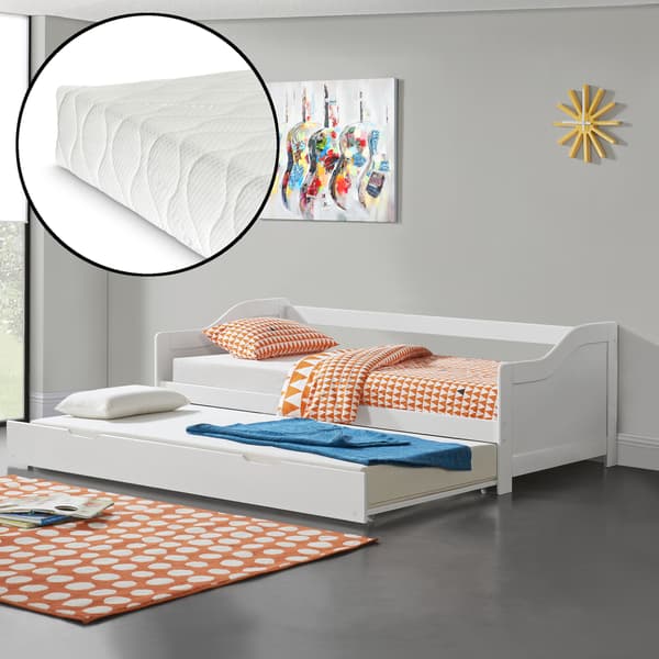 [en.casa] Bäddsoffa med utdragbar undersäng och 2 madrasser-205x97x66cm-furu-vit