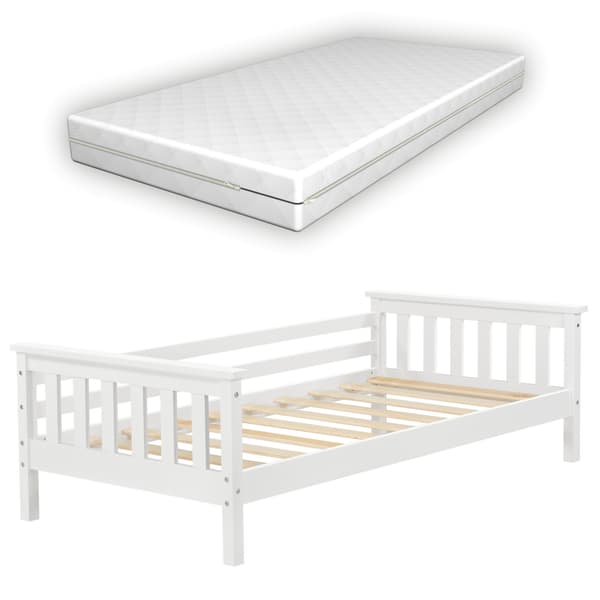 [en.casa]® Barn / Junior sängstomme Nuuk inkl. ortopedisk madrass och ribbotten-148x80x52cm-furu-vit-max.belastning: 50 kg