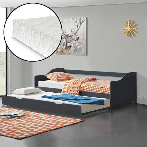 [en.casa] Sovesofa med udtrækkelig underseng og 2 madrasser - 205x97x66cm - fyrretræ - mørkegrå