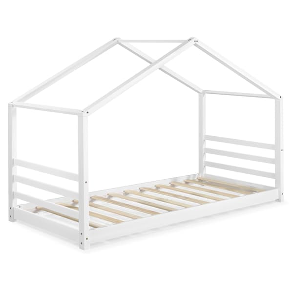 [en.casa]® Børneseng "Hus" med lamelbund - 200x90cm - fyrretræ - hvid (matt)