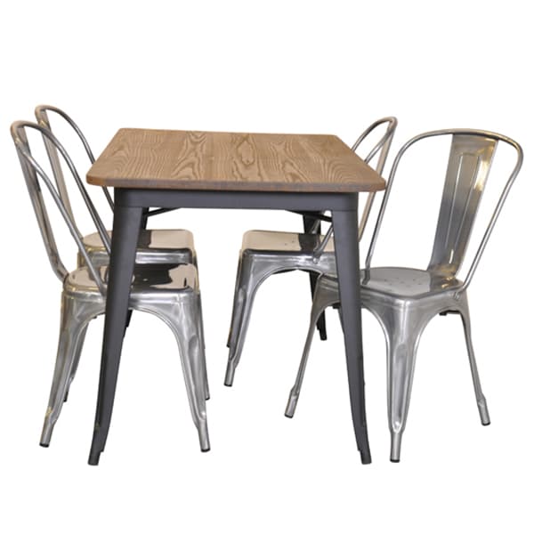 Spisestue gruppeark mat sort France bord med topplade i alm og 4 galvaniserede About France stole