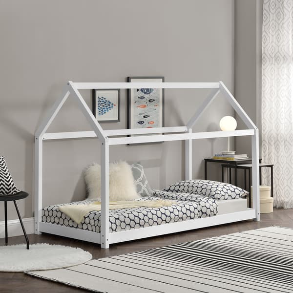 [en.casa]® Barn sängstomme Hemmet i "Hus" utförande inkl. ribbotten-160x80cm-furu-vit-max.belastning: 70 kg