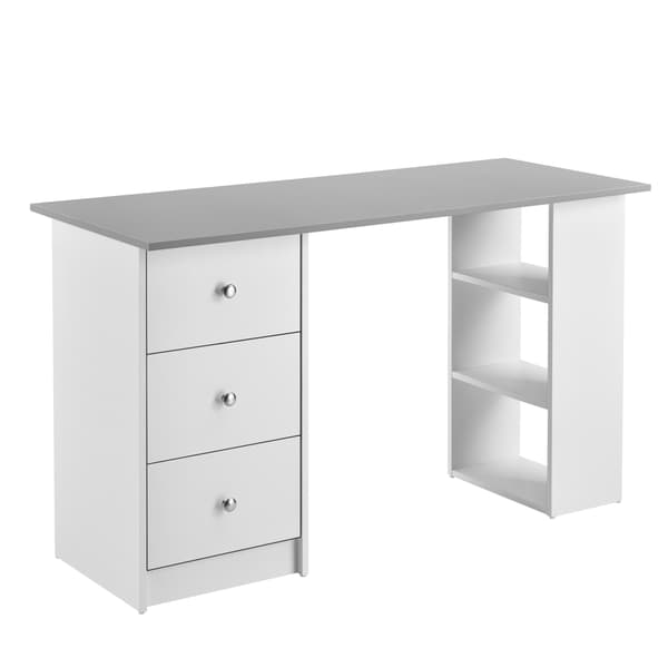 [en.casa]® Skrivbord Lemberg-120x49x72cm-vit-ljusgrå-melaminbelagd spånskiva-med lådor och hyllor