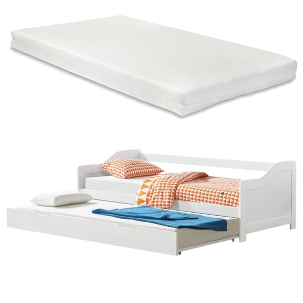 [en.casa] Bäddsoffa med utdragbar undersäng och 2 madrasser-205x97x66cm-furu-vit