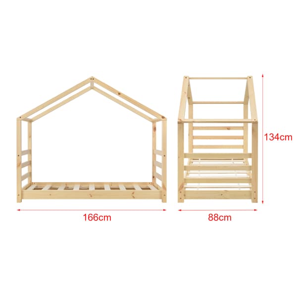 [en.casa]® Børneseng "Hus" med lamelbund - 160x80cm - fyrretræ - naturfarvet