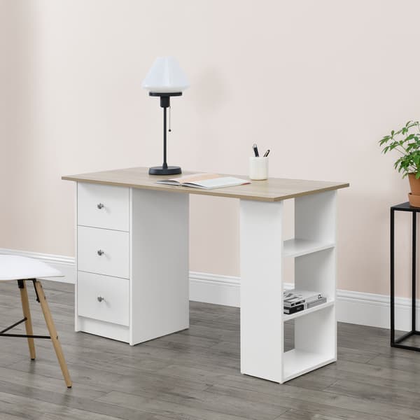 [en.casa]® Skrivebord Lemberg - 120x49x72cm - melaminbelagt spånplade - med skuffer og hylder - hvid/eg