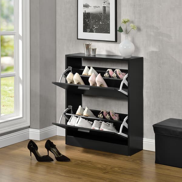 [en.casa]® Skoskåp-63x24x81cm-2 fack-svart-plats för 12 par skor