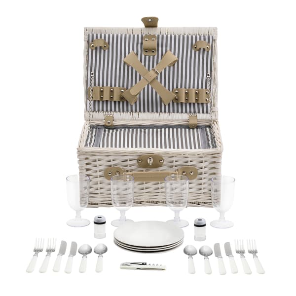 [casa.pro]® Picknickkorg med integrerat kylbox, tallrikar, bestick-set för 4 personer-Vit-40x28x19cm