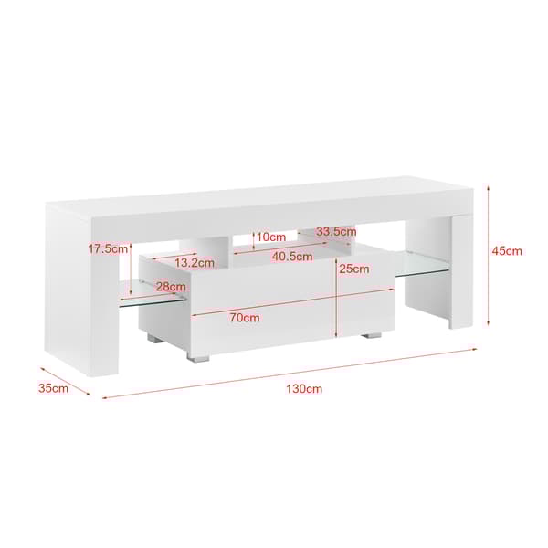 [en.casa]® Tv-bänk Grimsey med LED och fjärrkontroll-hyllplan i glas-öppet fack för dvd-spelare-med låda (högglans vit)-130x35x45cm-melaminbelagd spånskiva-vit