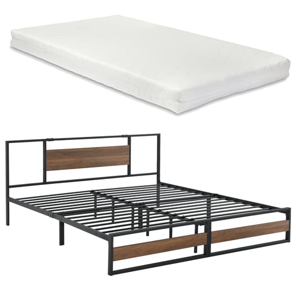 [en.casa]® Sängstomme Villach i metall-200x180cm-svart matt-pulverlackerat stål-spånskiva-träfärgade detaljer