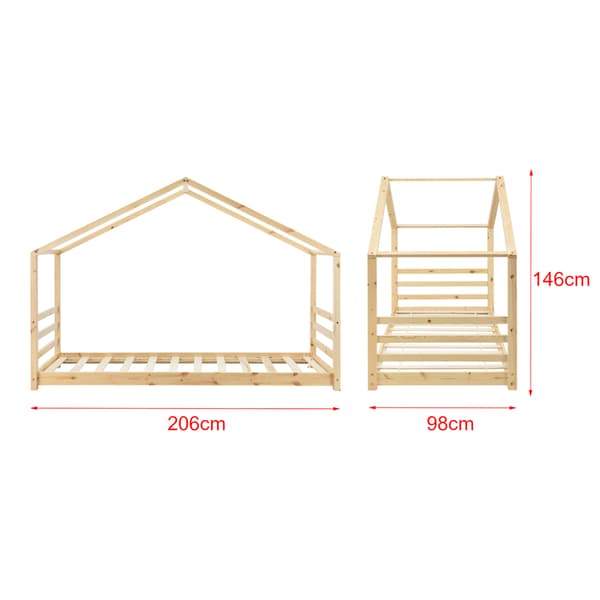 [en.casa]® Børneseng "Hus" med lamelbund - 200x90cm - fyrretræ - naturfarvet