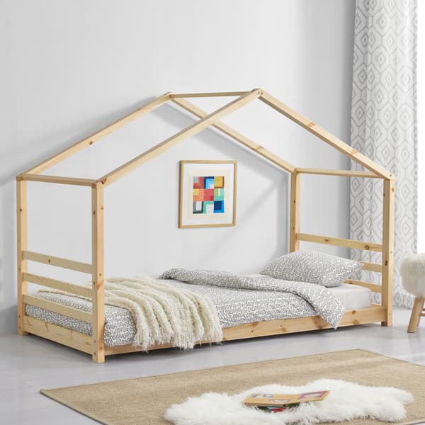 [en.casa]® Børneseng "Hus" med lamelbund - 200x90cm - fyrretræ - naturfarvet