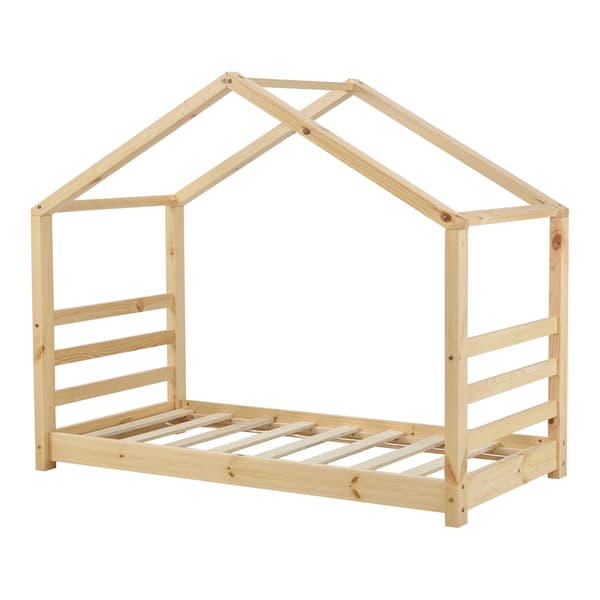 [en.casa]® Børneseng "Hus" med lamelbund - 160x80cm - fyrretræ - naturfarvet