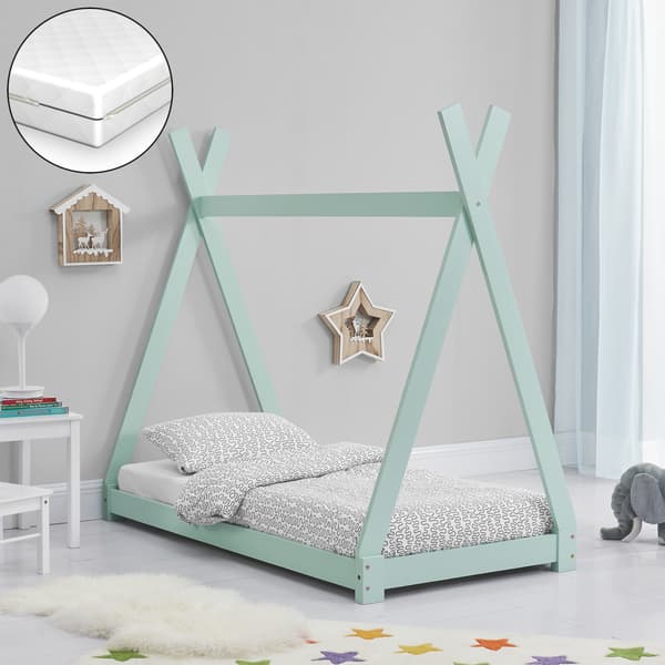 [en.casa]® Barnsäng tipitält inkl. madrass-140x70cm-mintfärgad-furu