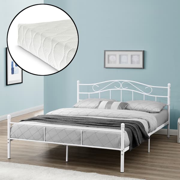 [en.casa]® Sängstomme Florenz i metall med madrass-vit-140x200cm