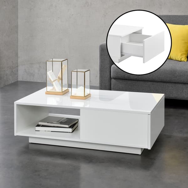 [en.casa]® Soffbord Biskra-95x55x31cm-vit högglans-med låda-melaminbelagd spånskiva