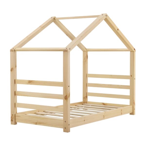 [en.casa]® Børneseng "Hus" med lamelbund - 160x80cm - fyrretræ - naturfarvet