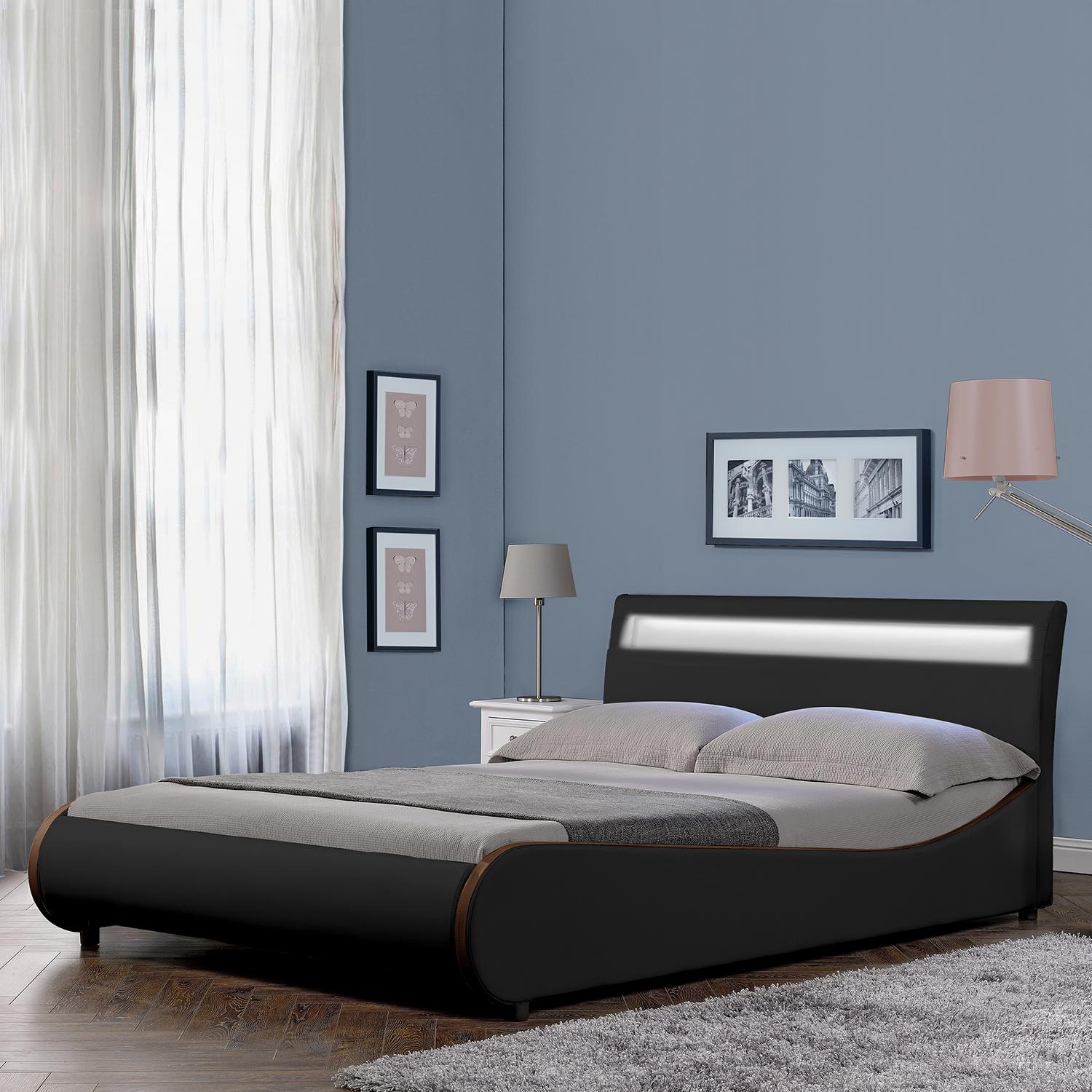 Corium® Tyylikäs verhoiltu sänky PU tekonahka 221cm x 149cm musta, ruskealla reunalla