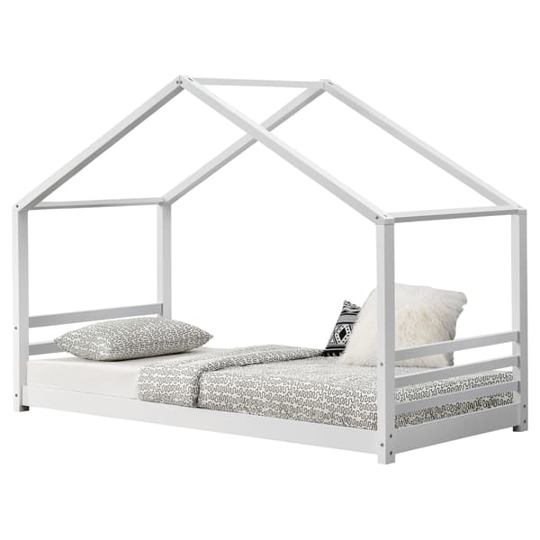 [en.casa]® Børneseng "Hus" med lamelbund - 200x90cm - fyrretræ - hvid (matt)