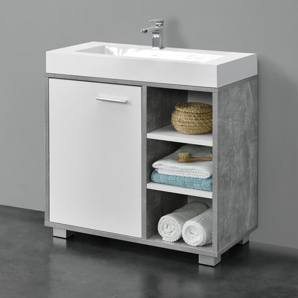 [en.casa]® Tvättställsunderskåp Narvik med dörr och 3 hyllplan-55,6x60x31cm-melaminbelagd spånskiva-betongkänsla-vit