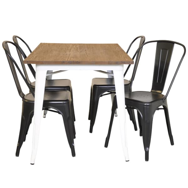 France 120 Spisestue gruppe metalplade mat hvid med topplade i alm og 4 mat sorte stole