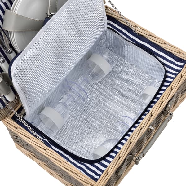 [casa.pro]® Piknik kurv med inkluderet køleboks, tallerkener og bestik - 40x28x19cm - sæt for 4 personer - blå/hvid