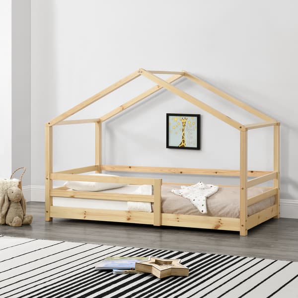 [en.casa]® Barn sängstomme Astrid i "Hus" utförande inkl. ribbotten och-165x87x132cm-furu-bäddmått:160x80cm