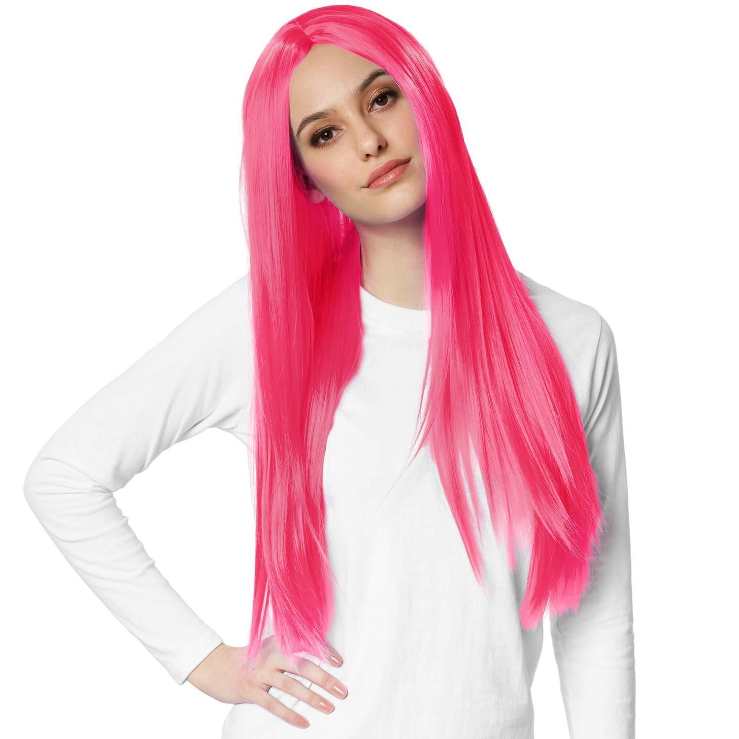 Paryk med lange glat hår - pink