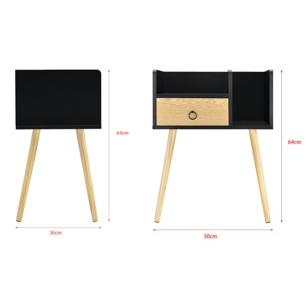 [en.casa]® Sängbord Geisa med låda-64x50x36cm-ben i furu-svart-trä optik