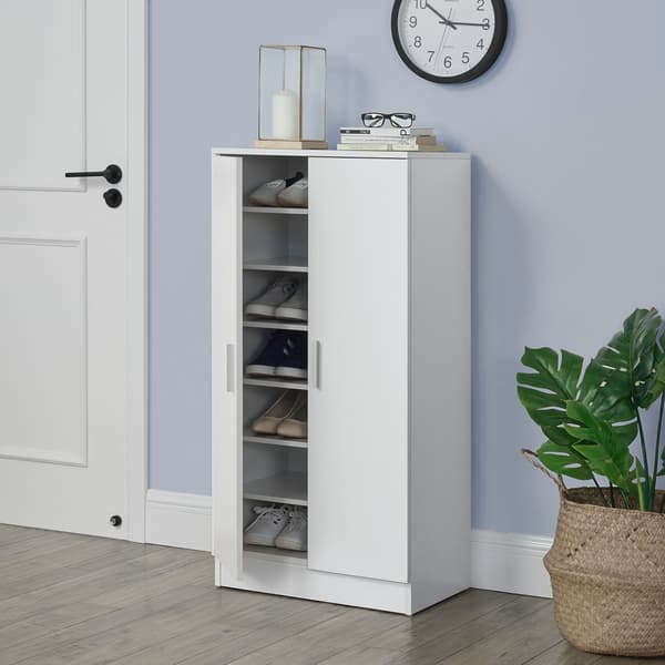 [en.casa] Skoskåp med dörrar-7 förvaringsytor, plats för 14 par skor-108x55x35cm-vit