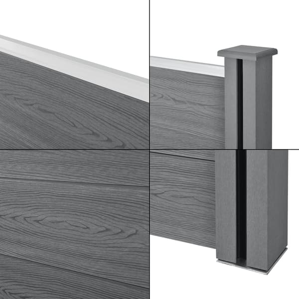 [neu.holz]® WPC Staket set med stolpe: fyrkantig, lutad-183x625cm-grå