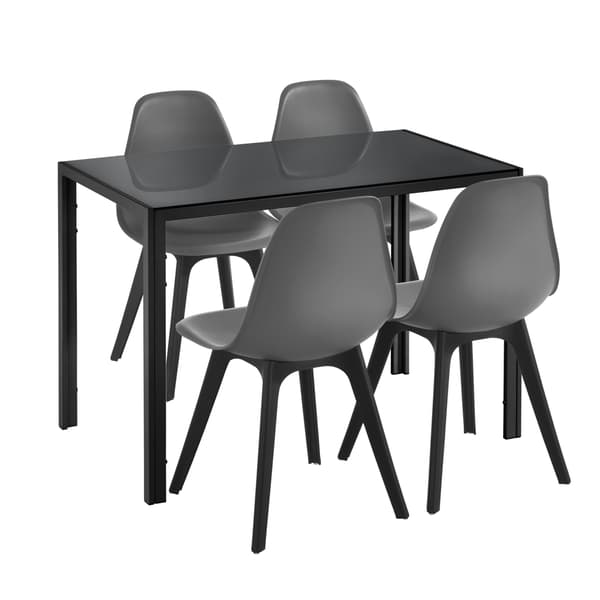 [en.casa]® Matgrupp-bord (105x60x75cm)glasskiva och 4 stolar(83x54x48cm) robust plast-grå/svart