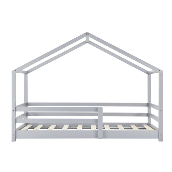 [en.casa]® Barn sängstomme Astrid i "Hus" utförande inkl. ribbotten-145x77x128cm-furu-ljusgrå-bäddmått:140x70cm