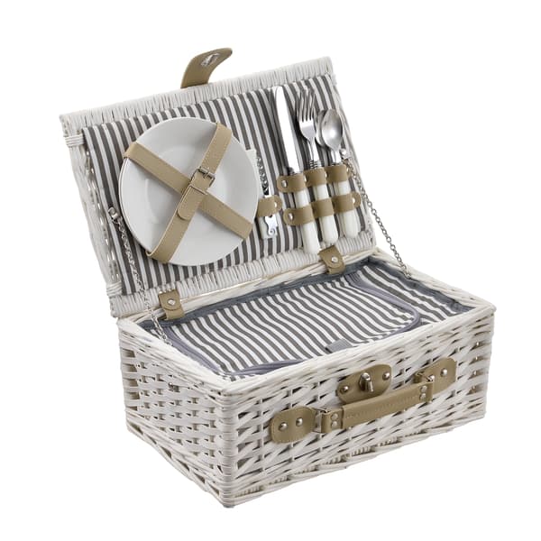 [casa.pro]® Piknik kurv med inkluderet køleboks, tallerkener og bestik - 38x25x16cm - sæt for 2 personer - hvid