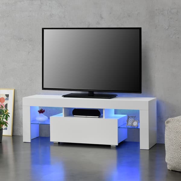 [en.casa]® Tv-bänk Grimsey med LED och fjärrkontroll-hyllplan i glas-öppet fack för dvd-spelare-med låda (högglans vit)-130x35x45cm-melaminbelagd spånskiva-vit