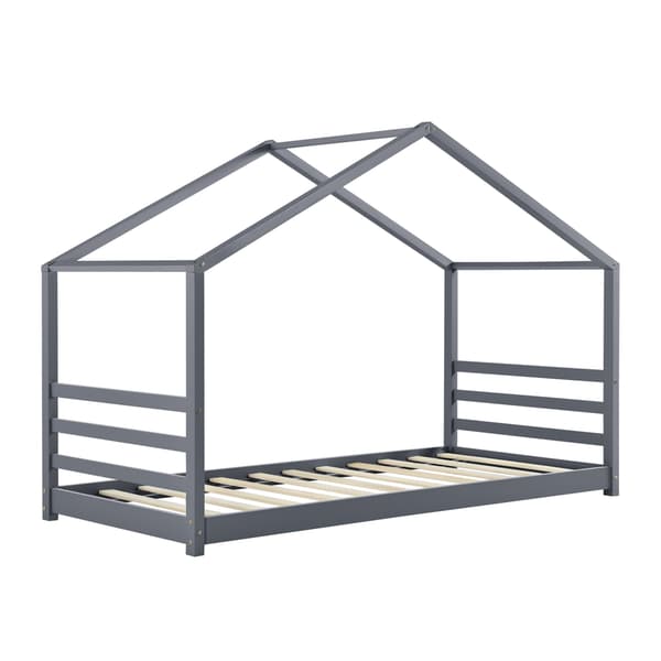 [en.casa]® Barn sängstomme Vardø i "Hus" utförande inkl. ribbotten-200x98x142cm-furu-mörkgrå-bäddmått:200x90cm