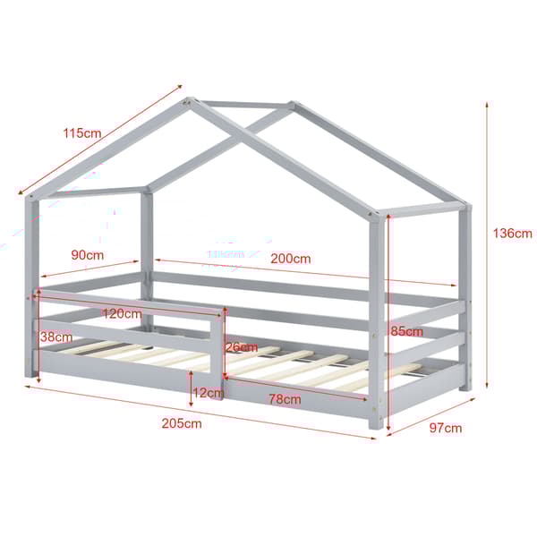 [en.casa]® Barn sängstomme Astrid i "Hus" utförande inkl. ribbotten-205x97x136cm-furu-ljusgrå-bäddmått:200x90cm
