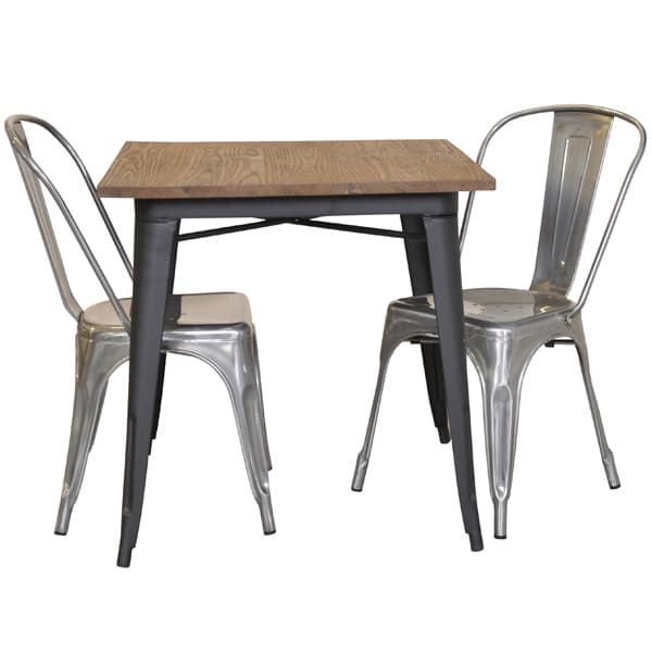 France 75 spisegruppe metalplade mat sort med toppanel i alm og 2 galvaniserede stole