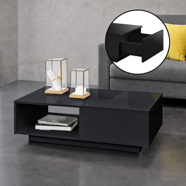 [en.casa]® Soffbord Biskra-95x55x31cm-svart högglans-med låda-melaminbelagd spånskiva