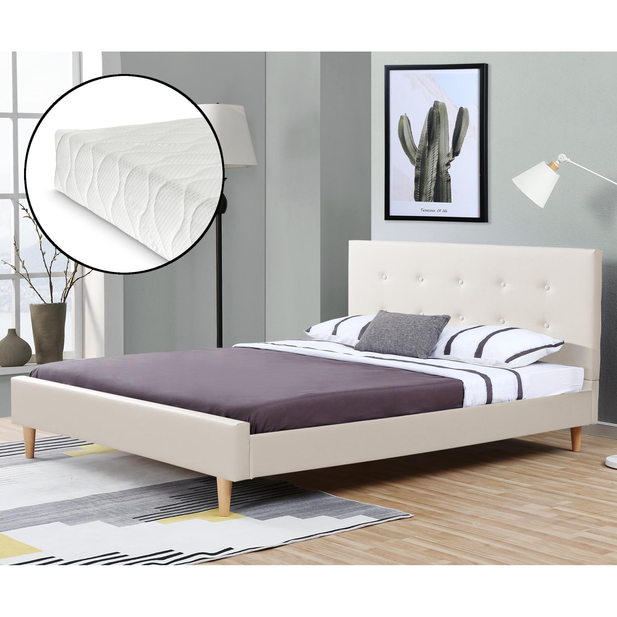 Corium® Klädd sängstomme Estoril inkl. madrass och ribbotten-200x180cm-konstläder-vit-med dekorativa knappar