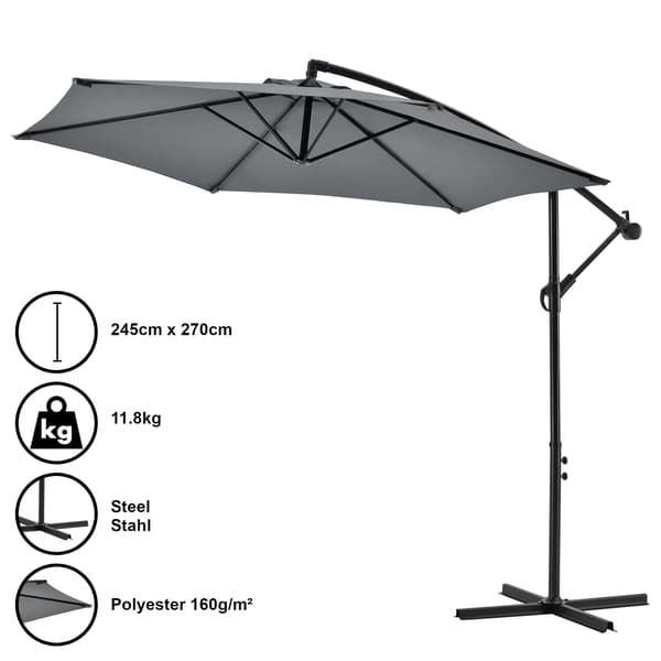 [casa.pro] ® Parasol med fod-diameter 270 cm-stål-polyester-grå-vandafvisende-trinløs skråning