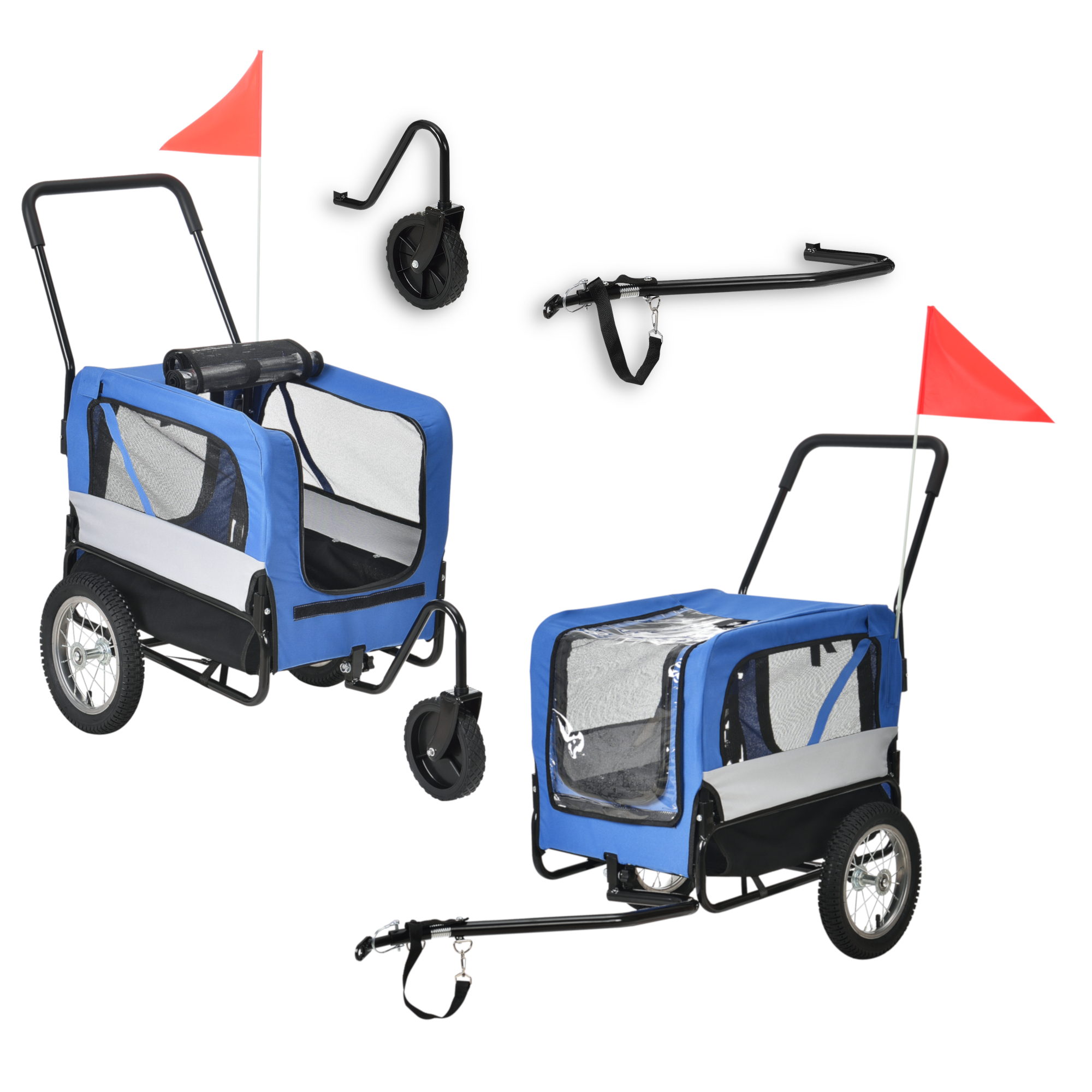 [pro.tec]® Cykelvagn-joggingvagn-för hundar-143x67x96cm-stålram-blål-grå-svart