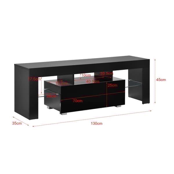 [en.casa]® Tv-bänk Grimsey med LED och fjärrkontroll-hyllplan i glas-öppet fack för dvd-spelare-med låda (högglans svart)-130x35x45cm-melaminbelagd spånskiva-svart