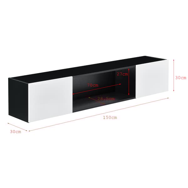 [en.casa]® Väggskåp Thabong med blå LED-150x30x30cm-melaminbelagd spånskiva-svart-vit högglans-max. belastning: 15 kg