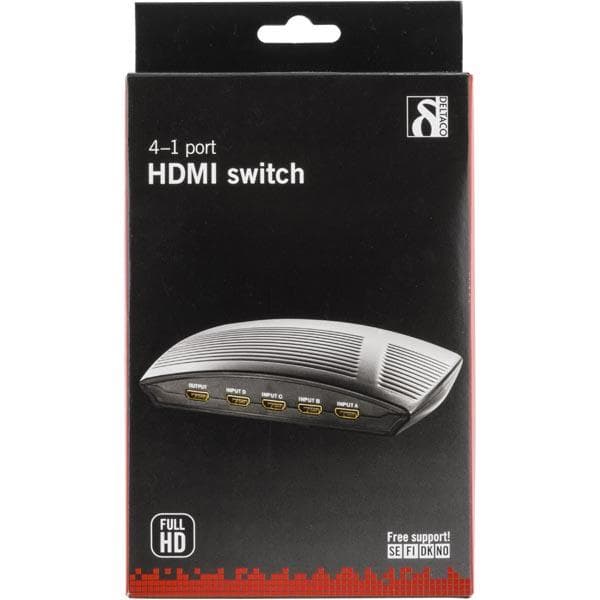 DELTACO manuell HDMI-switch, 4 ingångar till en utgång, 19-pin hona (HDMI-206)